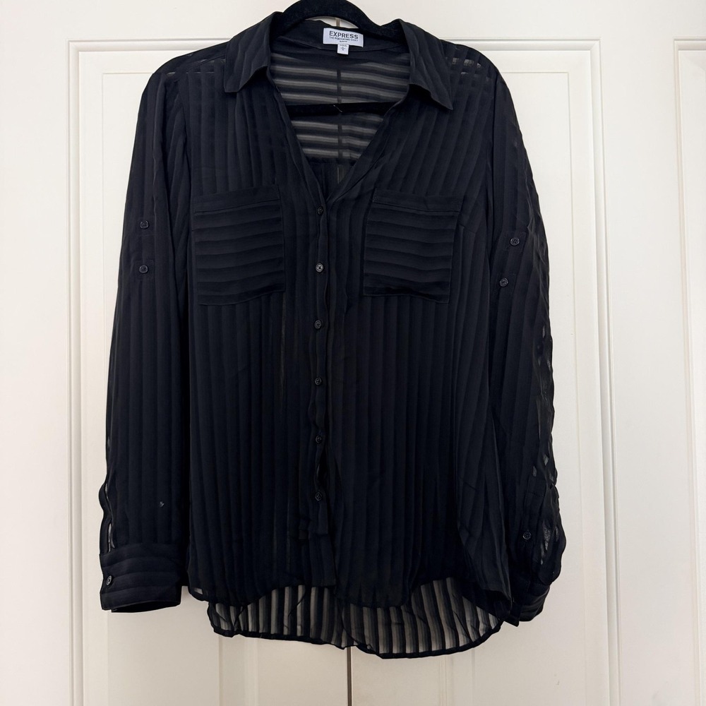 Express Shirt Womens L Black Stripe Portofino Chiffon Slim Fit Button Up Blouse